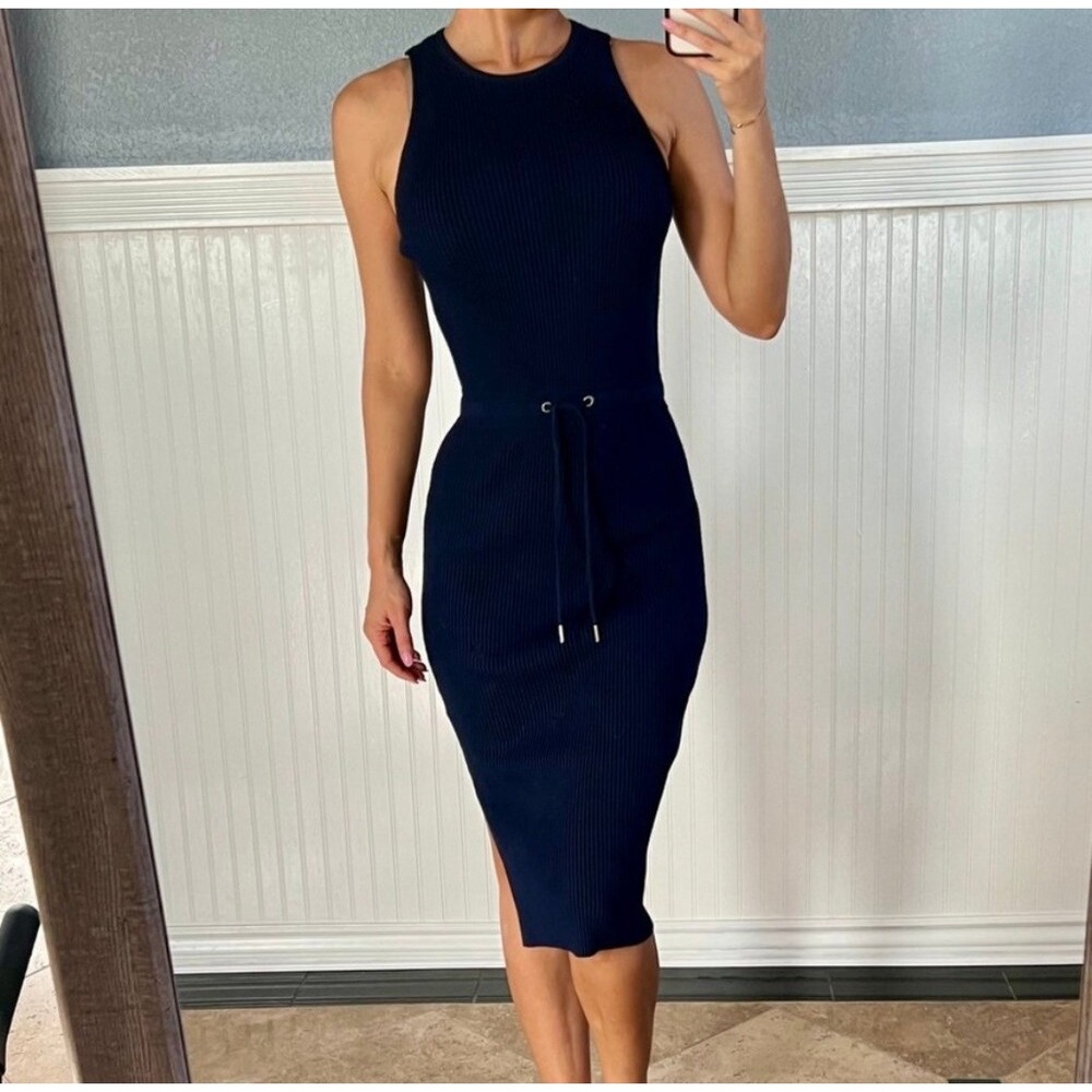REISS Josephine Ribbed Knit Drawstring Midi‎ Dress Sleeveless Navy Blue XS